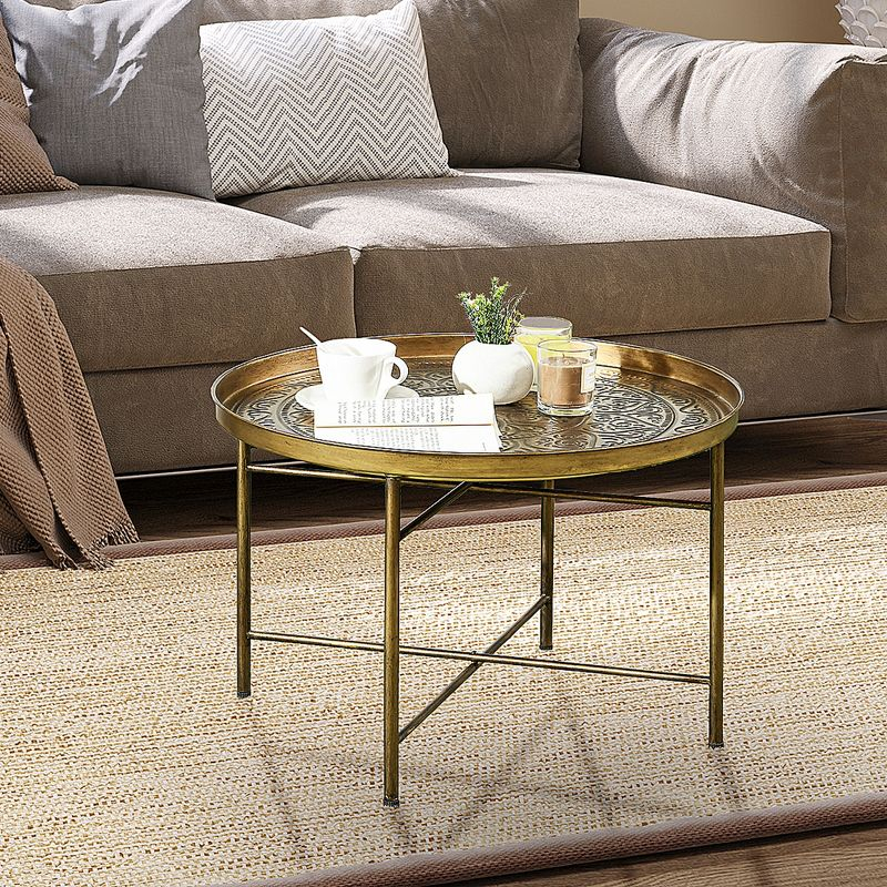 HOMCOM 24" Round Coffee Table with Hammered Tray Top, Vintage Metal Center Table for Living Room, Bedroom, Side Table, Gold