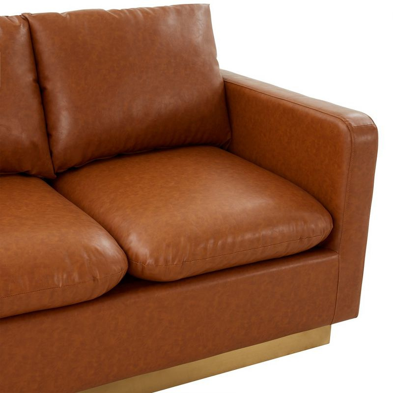 LeisureMod Nervo Mid-Century Modern Upholstered Faux Leather Loveseat with Gold Frame in Cognac Tan