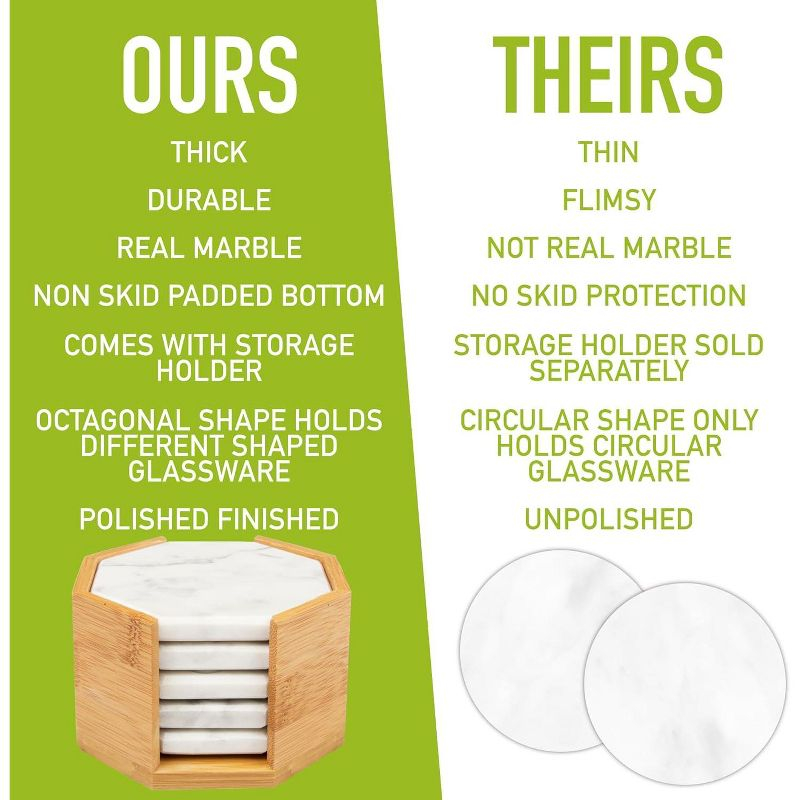 D'Eco White Carrara Marble Coasters w/ Bamboo Holder - Set of 5 - Tabletop Protection- Fits Any Size Wine Glass, Cup, Mug - Great Mother's Day Gift