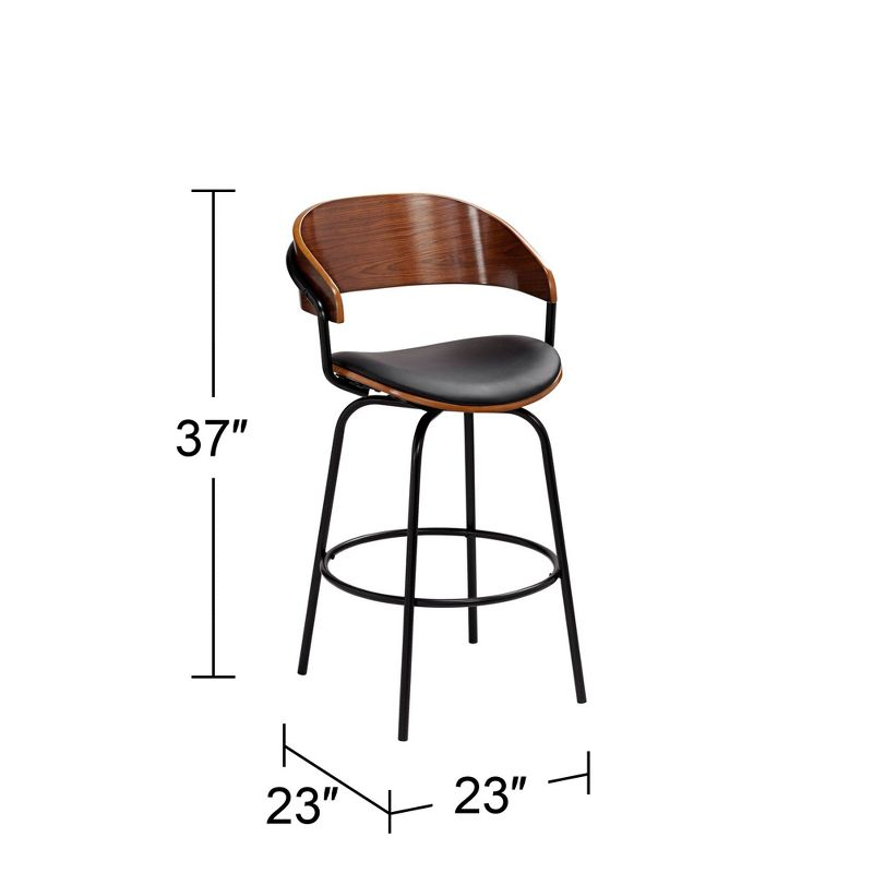 Elm Lane Larsen Black Swivel Bar Stool 26" High Mid Century Modern Faux Leather Cushion with Walnut Backrest Footrest for Kitchen Counter Height Home