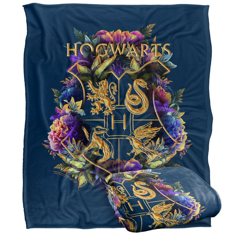 Harry Potter Hogwarts Multi-Colored Floral Crest Officially Licensed Silky Touch Super Soft Throw Blanket 50" x 60"