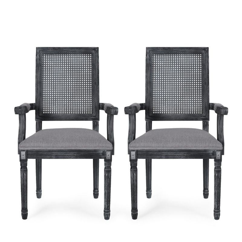 GDFStudio Zentner French Country Upholstered Wood and Cane Upholstered Dining Chairs (Set of 2), Gray