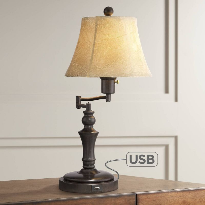 Regency Hill Traditional Desk Table Lamp Swing Arm with Hotel Style USB Charging Port 21.75" High Bronze Metal Faux Leather Bell Shade for Bedroom