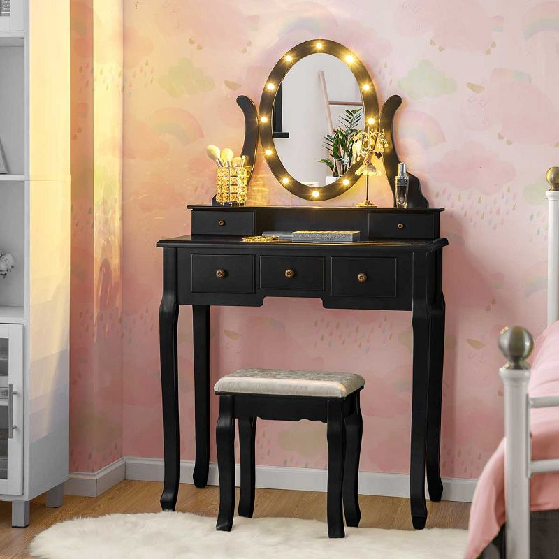 Tangkula Lighted Vanity Mirror Set Makeup Dressing Table w/ 5 Drawers Mirror & 12 LED Bulbs Black