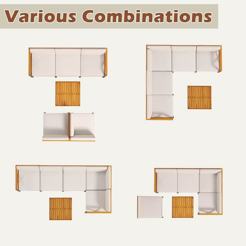 Tangkula Set of 6 Acacia Wood Patio Furniture Set Outdoor Sectional Conversation Set w/ Cushions & Coffee Table Off White