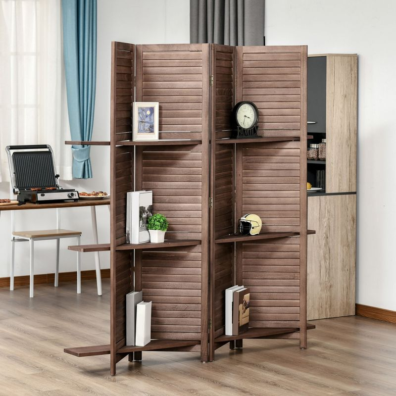HOMCOM 4-Panel Folding Room Divider, 5.6 Ft Freestanding Paulownia Wood Privacy Screen Panel with Storage Shelves for Bedroom or Office, Walnut
