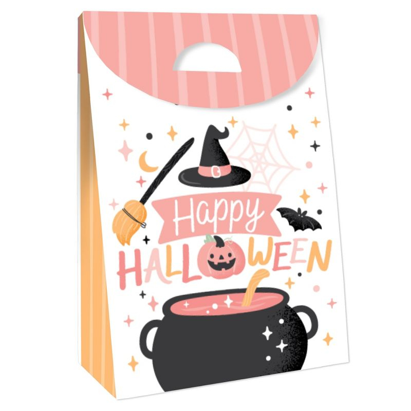 Big Dot of Happiness Pastel Halloween - Pink Pumpkin Party Gift Favor Bags - Party Goodie Boxes - Set of 12