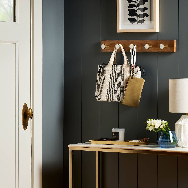 Metal and Faux Marble 5 Gold Hooks Rail on Acacia Wood - Threshold™: Wall Mounted Decorative Hook Racks, Coat Hooks