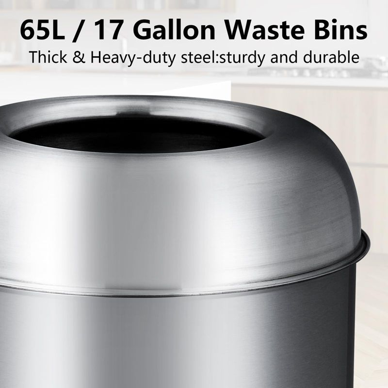 65 L / 17 Gal Open Top Trash Can Commercial Grade Heavy Duty Brushed Stainless Steel for Outdoor | Kitchen Waste Bins Home House Family