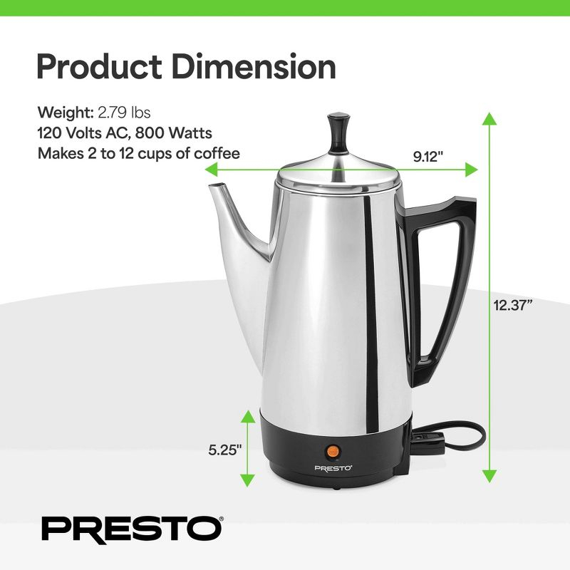 Presto Stainless Steel Coffee Maker, 12 Cup Robust Percolator Coffee Machine for Kitchens with Filter Basket and Signal Light, Silver