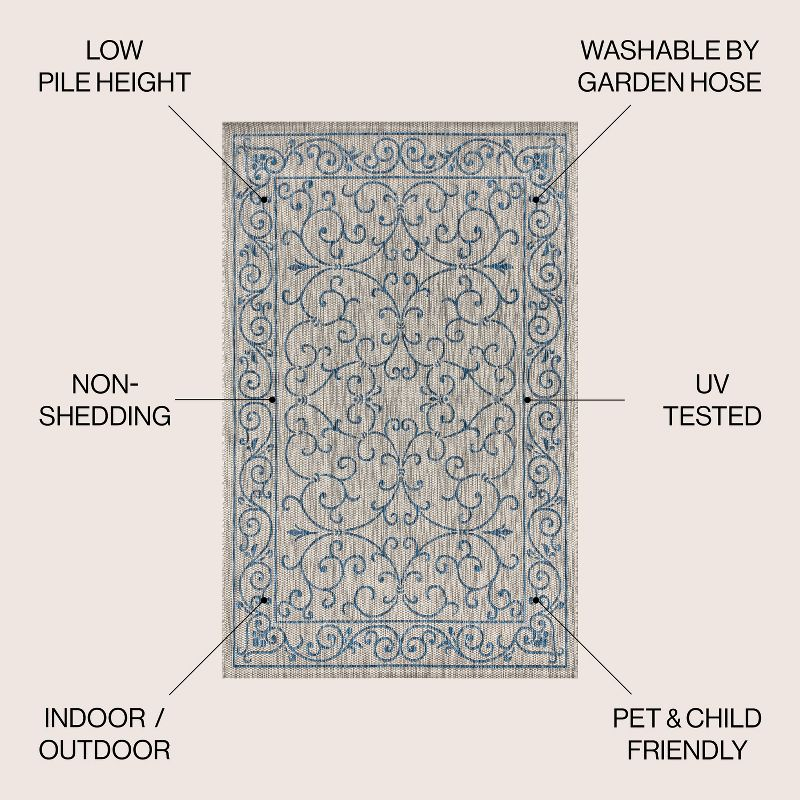 9' X 12' Charleston Vintage Filigree Textured Weave Indoor/Outdoor Area Rug, Gray/Navy - JONATHAN Y