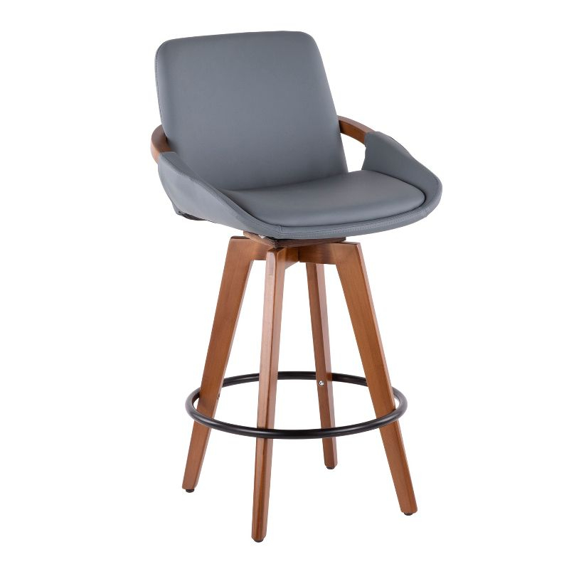 26" Cosmo Mid-Century Modern Counter Height Barstool Gray - LumiSource: Faux Leather, Walnut Wood Arms