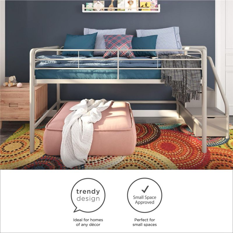 DHP Sol Junior Twin Metal Loft Bed with Storage Steps, Silver