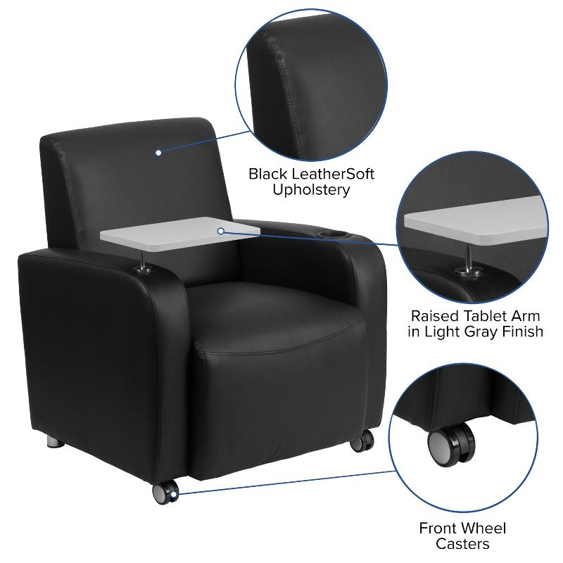 Emma and Oliver Black LeatherSoft Tablet Arm Chair, Front Wheel Casters and Cup Holder