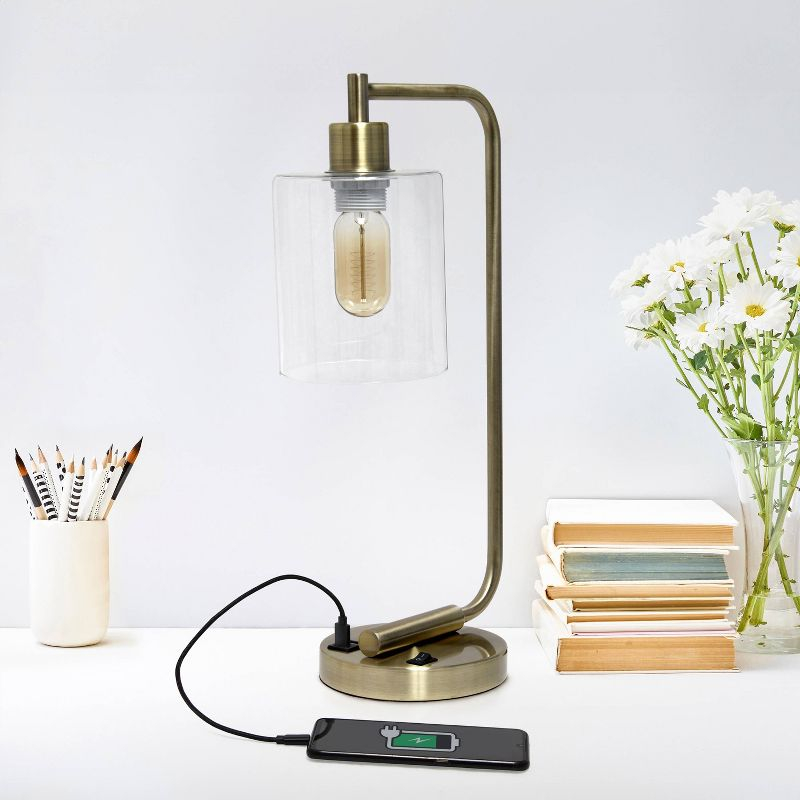 Modern Iron Desk Lamp with USB Port and Glass Shade Antique Brass Finish - Lalia Home: ETL Listed, No Assembly, Edison Bulb Compatible