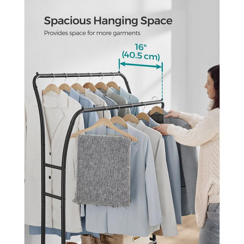 SONGMICS Clothes Rack Clothing Rack with Shelves Double Rod Clothes Rack with 6 Hooks Clothes Storage and Display for Living Room Bedroom Ink Black