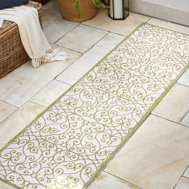 2' x 10' Madrid Vintage Filigree Textured Weave Indoor/Outdoor Runner Rug, Green/Cream - JONATHAN Y