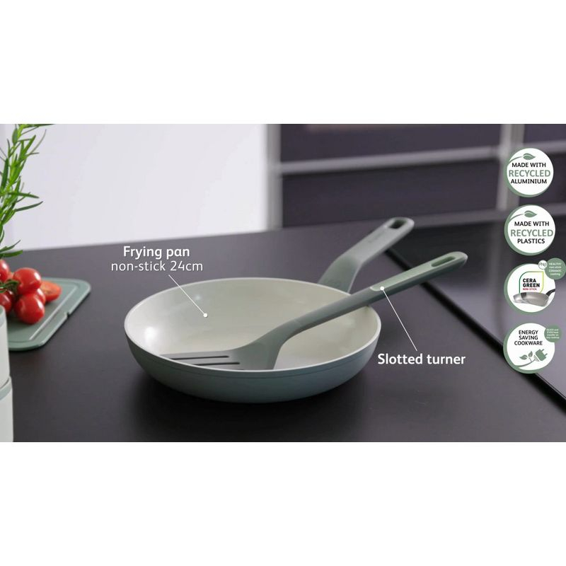 BergHOFF Balance Non-stick Ceramic 2Pc Frying Pan 9.5" and Nylon Turner 13.75", Recycled Aluminum, Sage