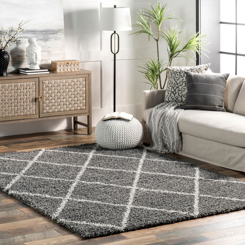 Nuloom Tess Trellis 4x6 Shag Indoor Area Rug for Living Room Bedroom Dining Room Nursery, Dark Grey/Ivory