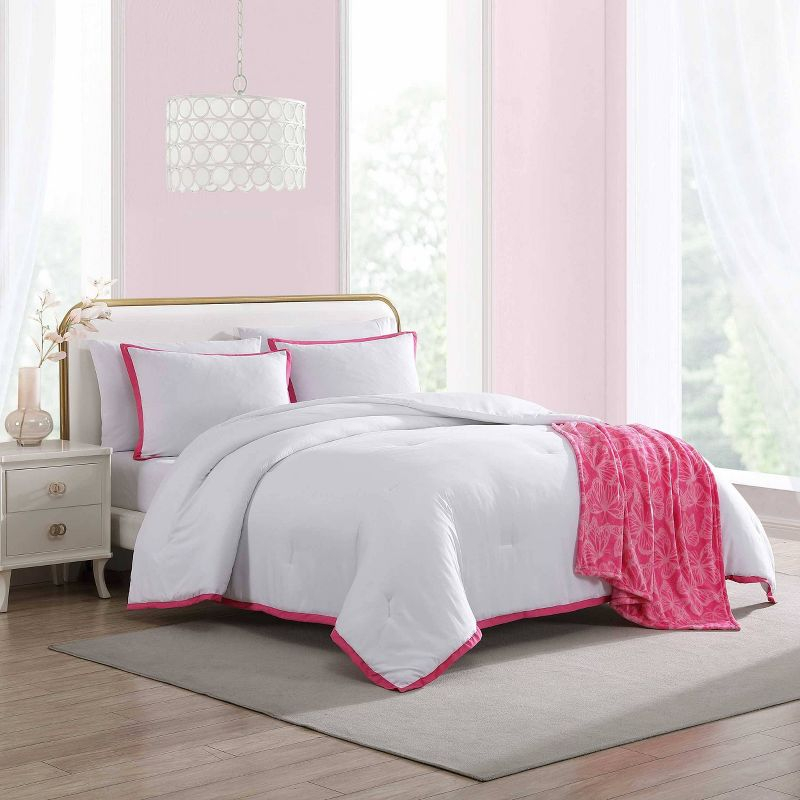 Betseyville 3pc Twin Signature Hotel Microfiber Comforter Set White/Pink: Modern Bedding with Sham & Throw Blanket