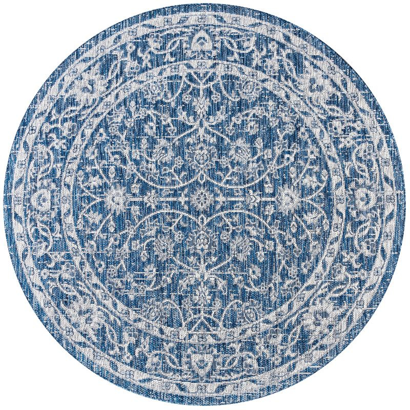 5' Round Palazzo Vine and Border Textured Weave Indoor/Outdoor Area Rug, Navy/Gray - JONATHAN Y