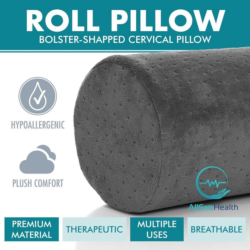 Allsett Health Cervical Bolster Pillow with Washable Cover, Ergonomically Designed for Head, Neck, Back, and Legs | Extra Sleep Support - Grey
