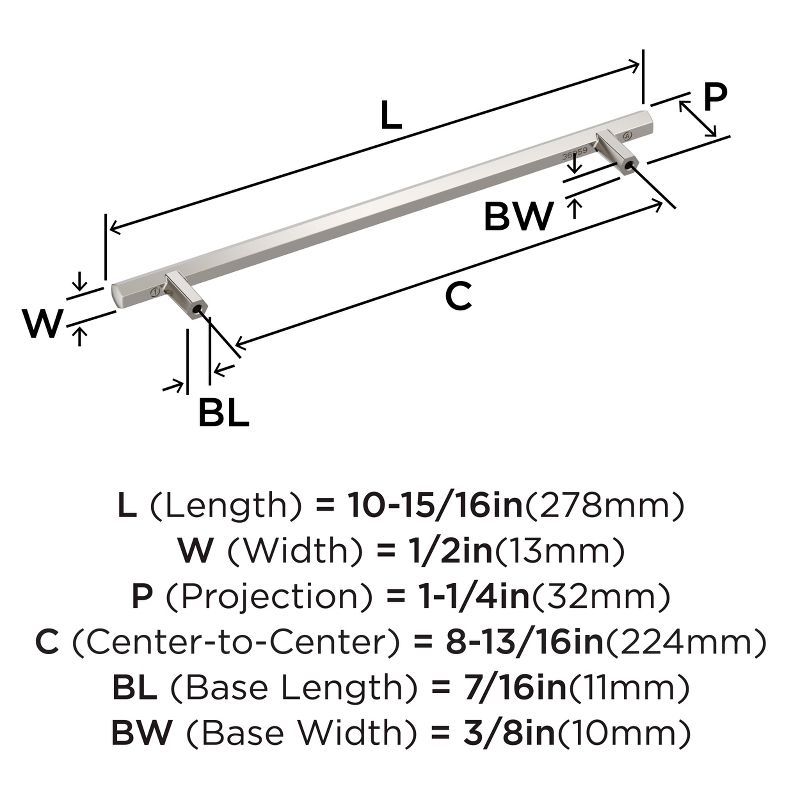 Amerock Caliber 8-13/16 inch (224mm) Center-to-Center Polished Nickel Cabinet Pull