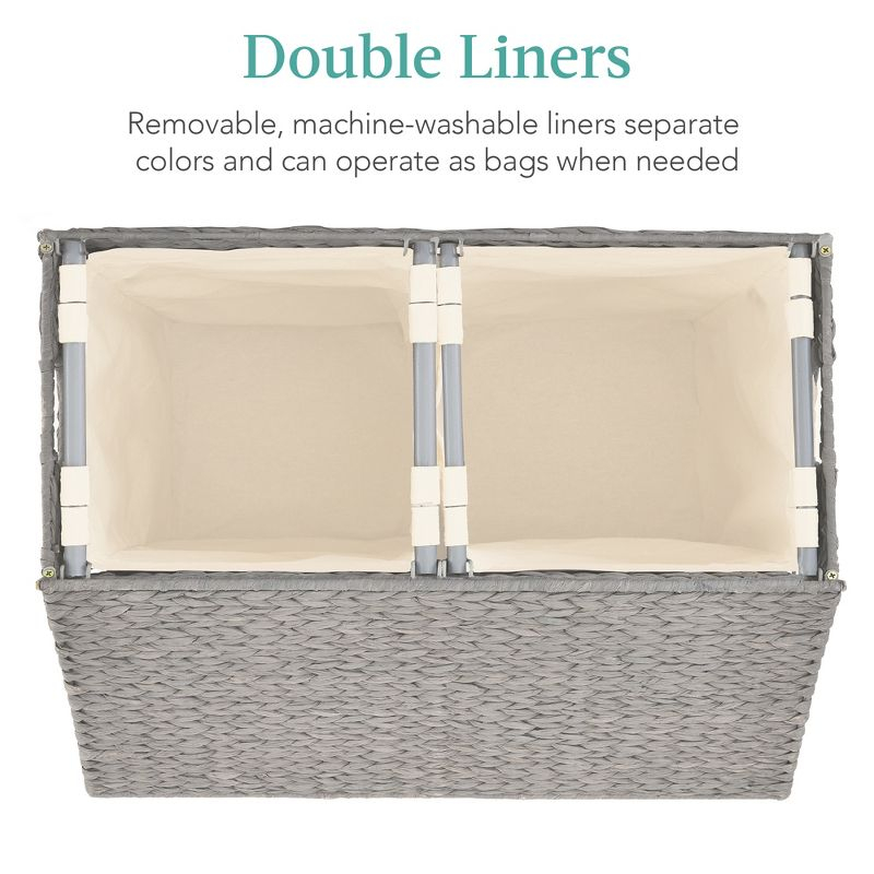 Best Choice Products Large Natural Water Hyacinth Double Laundry Hamper Basket w/ 2 Liner Bags, Handles - Gray