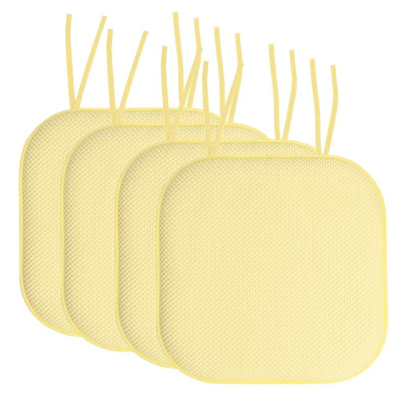 Honeycomb Memory Foam Non-Slip 16" x 16" Chair Cushion Pad with Ties, Yellow, 4 Pack