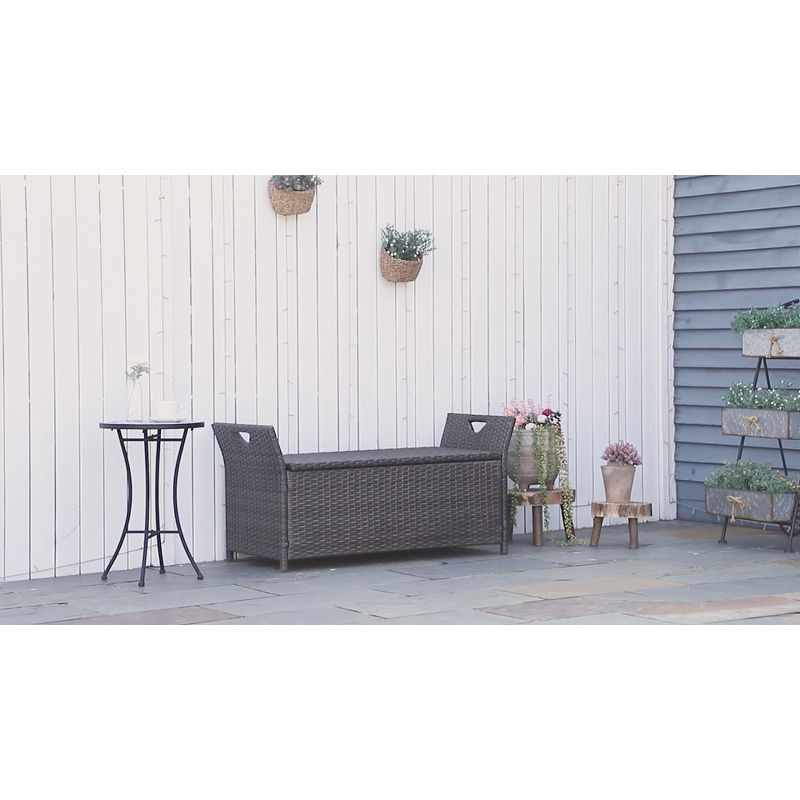 Outsunny 27 Gallon Patio Wicker Storage Bench, Outdoor PE Rattan Patio Furniture, 2-In-1 Footstool Rectangle Basket Box w/ Handles & Cushion, Red