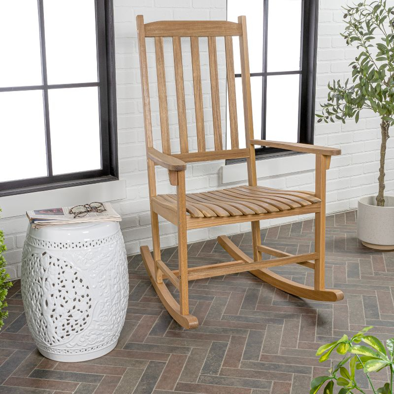 Seagrove Farmhouse Classic Slat-Back 350-LBS Support Acacia Wood Outdoor Rocking Chair, Teak Brown - JONATHAN Y