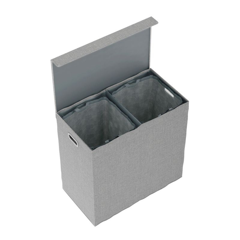 Hastings Home Collapsible Double Laundry Hamper / 2-Section Clothing Sorter With Removable Lid and Mesh Liner Bags - 25.5" x 14.5", Gray