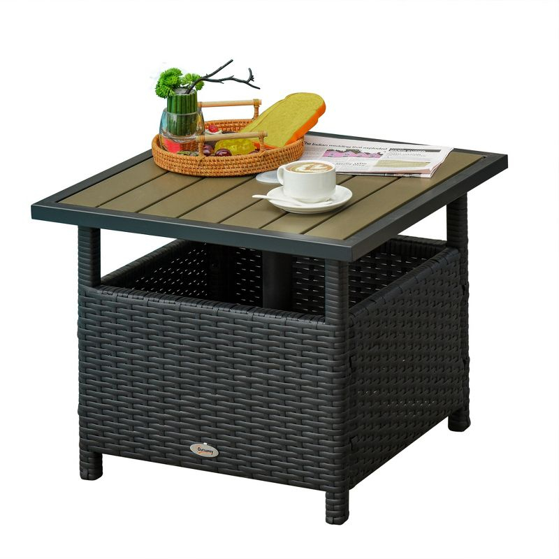 Outsunny 22'' Rattan Wicker Side Table with Steel Frame, Umbrella Insert Hole, Sand Bag for Outdoor, Patio, Garden, Backyard, Black & Tan
