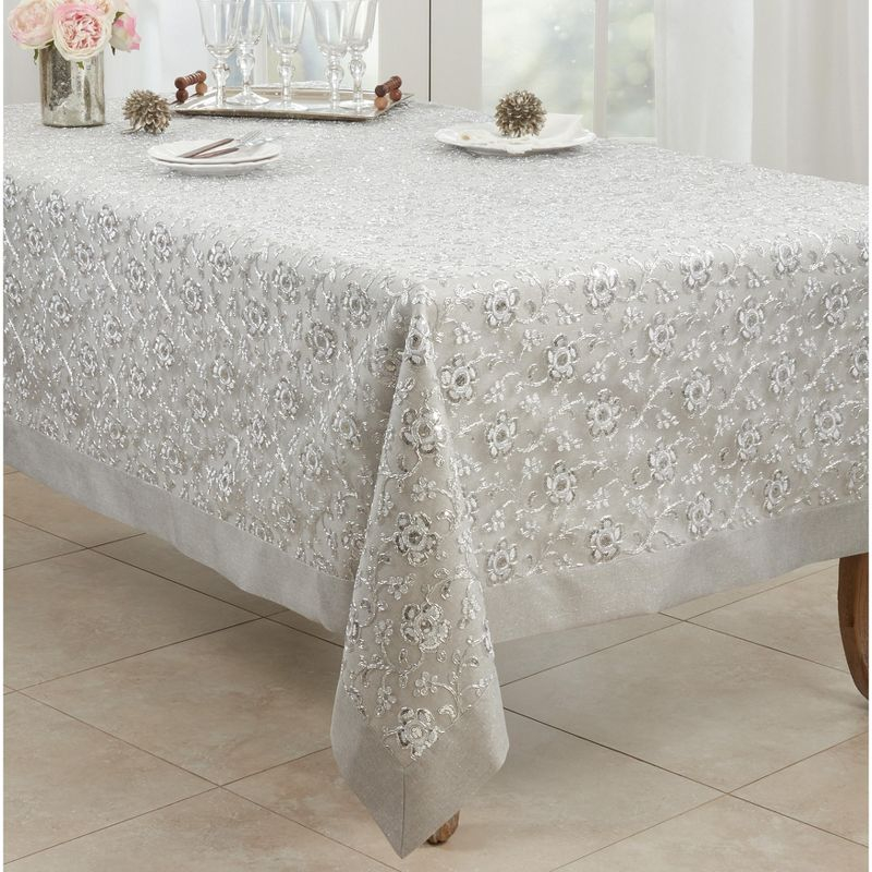 Saro Lifestyle Floral Design Embroidered Tablecloth, Silver, 65" x 120"