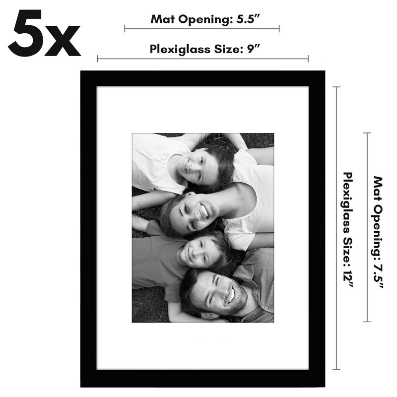 Americanflat 5 Pack of 9x12 Frames with 6x8 Mat - Plexiglass Cover - Black
