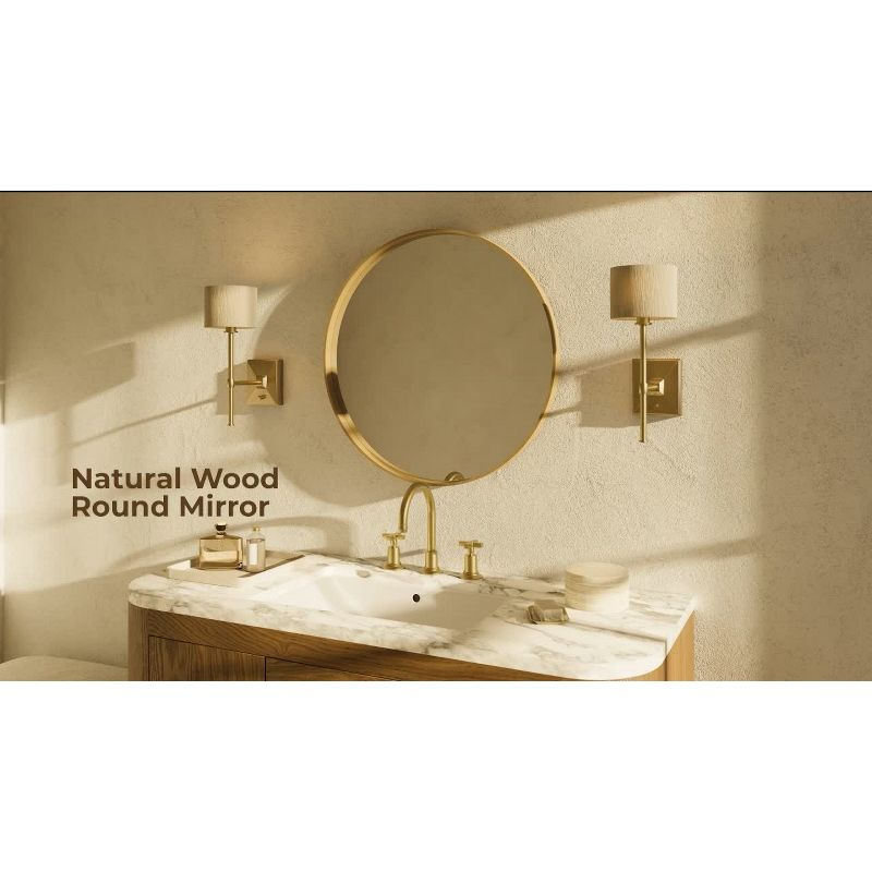WallBeyond 24" Wood Round Mirror Natural : Pine Frame, Modern Style, Wall Mount, No Assembly Required