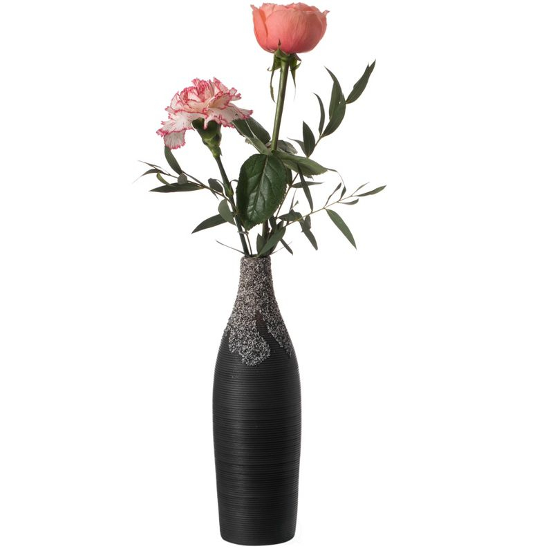 Uniquewise 9 Inch Modern Decorative Ceramic Table Vase Ripped Design Bottle Shape Flower Holder, Black