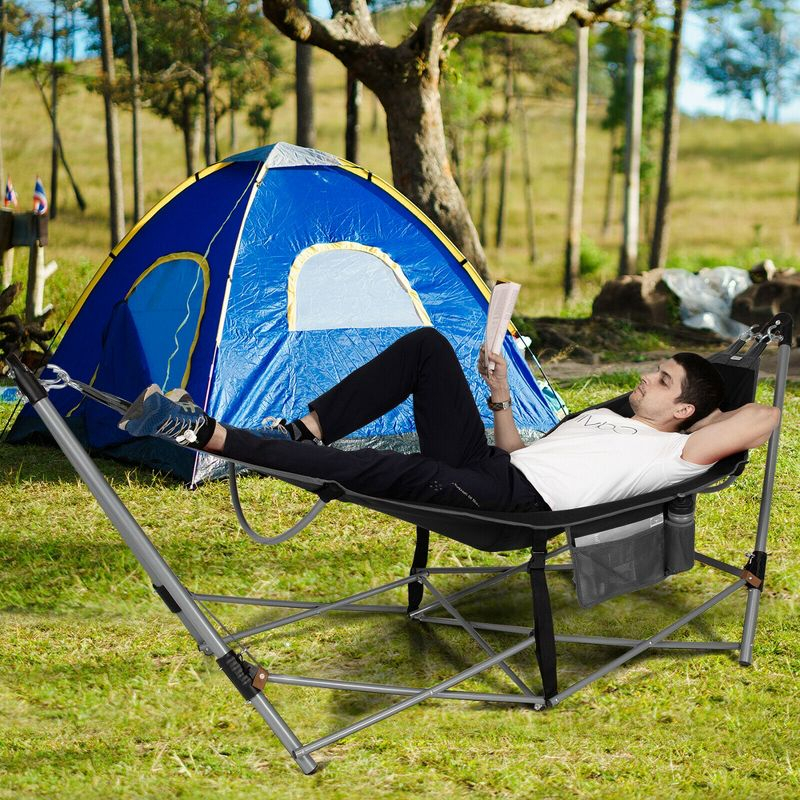 Costway Folding Hammock Indoor & Outdoor Hammock with Side Pocket & Iron Stand Black