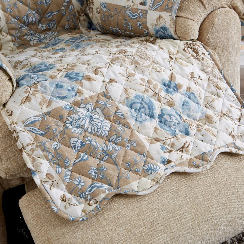 Great Bay Home Floral Patchwork Reversible Furniture Protector  (Recliner, Taupe / Blue)
