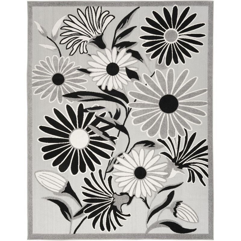 Nourison Aloha Daisy Flower Flatweave High-Low Indoor Outdoor Area Rug Black White 5'3" x 7'5"
