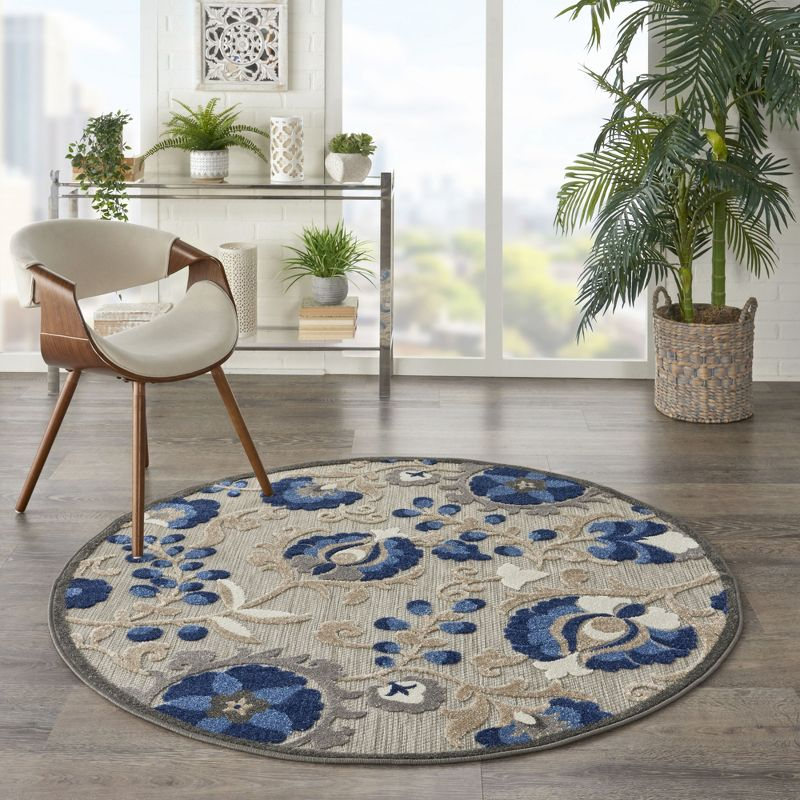 Nourison Aloha Floral Textured Flatweave High-Low Indoor Outdoor Round Rug Natural/Blue 5'3" x 5'3"