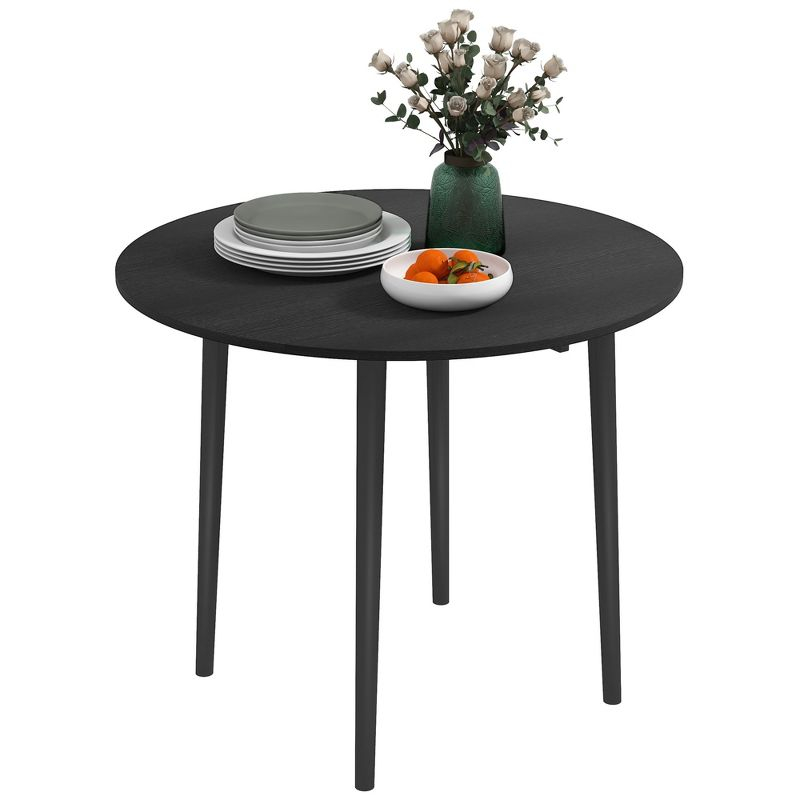 HOMCOM Folding Dining Table, Collapsible Drop Leaf Table for Small Spaces, Round Foldable Kitchen Table with Wooden Legs, Black