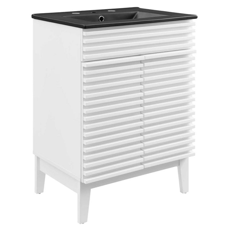 Modway 24 Inch Modern White Black Wood Bathroom Vanity with Sink and Floor Cabinet