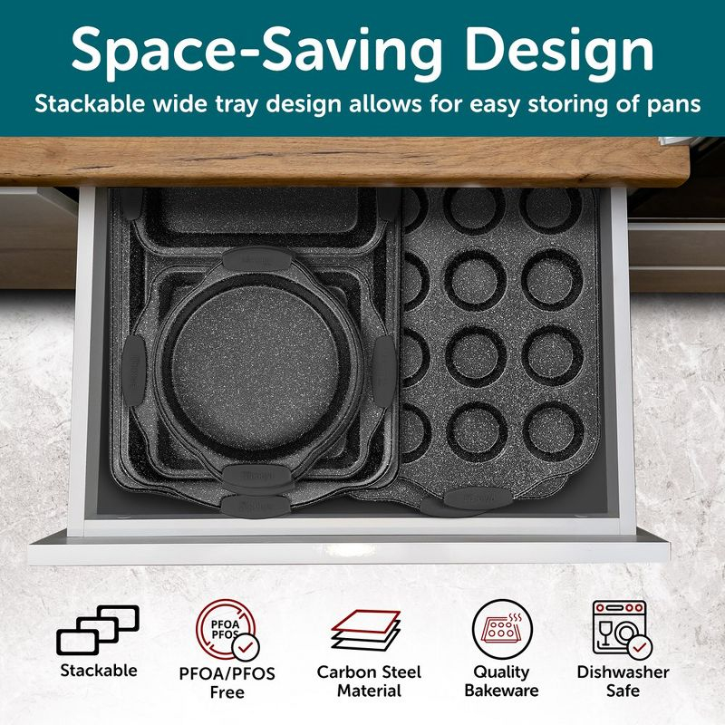 BAKKEN 8-Piece Kitchen Oven Baking Pans Set - Deluxe Nonstick Gray Marble Coating, Professional Grade Carbon Steel Bakeware with Silicone Handles