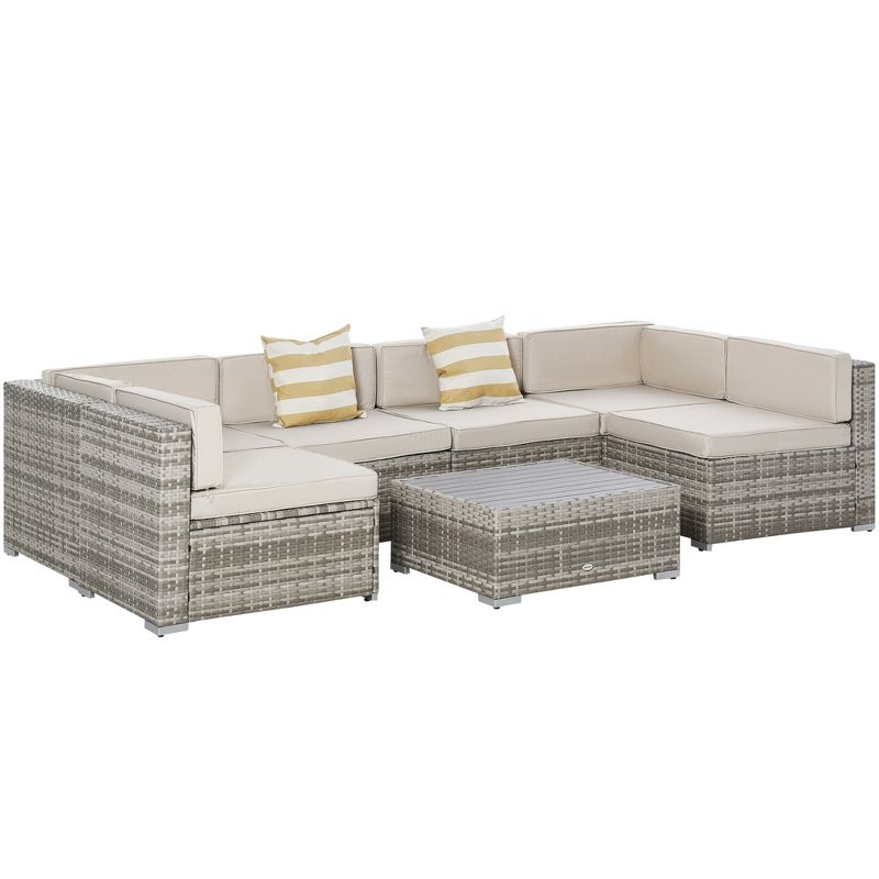 Outsunny 7-Piece Patio Furniture Set, Outdoor Wicker Conversation Set, All Weather PE Rattan Sectional Sofa w/ Faux Wood Table, Stripe Pillows, Beige