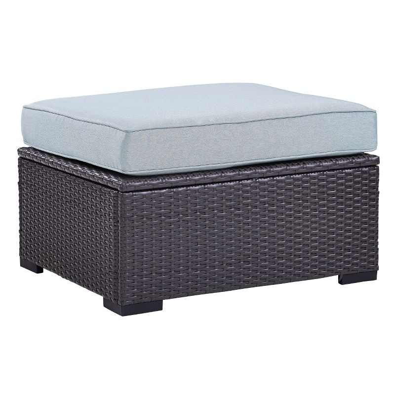 Biscayne Ottoman with Mist Cushions - Brown/Mist - Crosley: Wicker Patio Footrest, UV-Resistant, Polyurethane Foam Fill