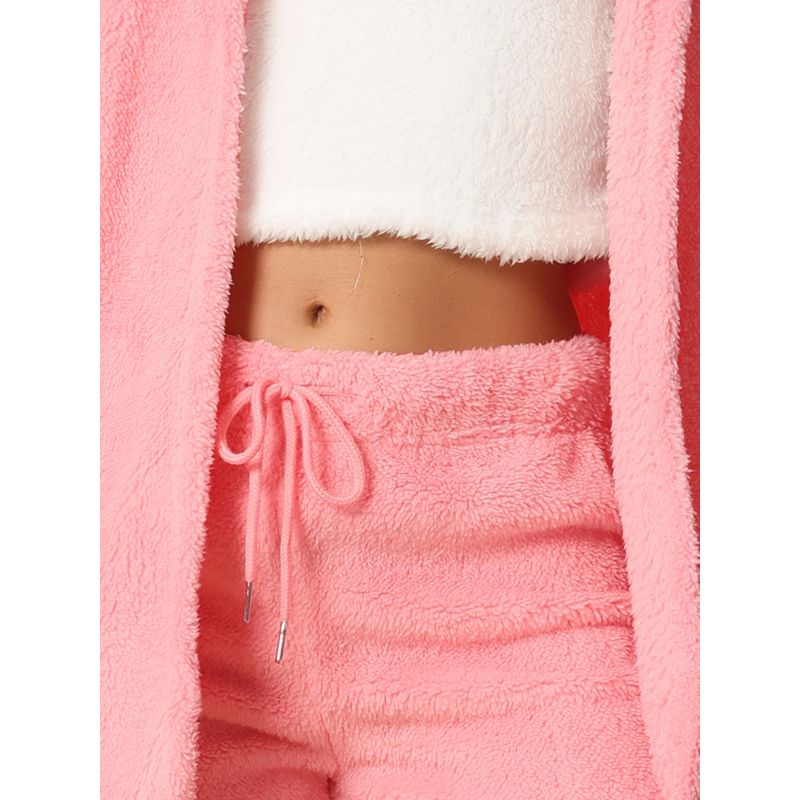 cheibear Women's Fuzzy Fleece Soft Coat Jacket and Crop Top with Shorts 3-Piece Pajamas Lounge Set Pink Small