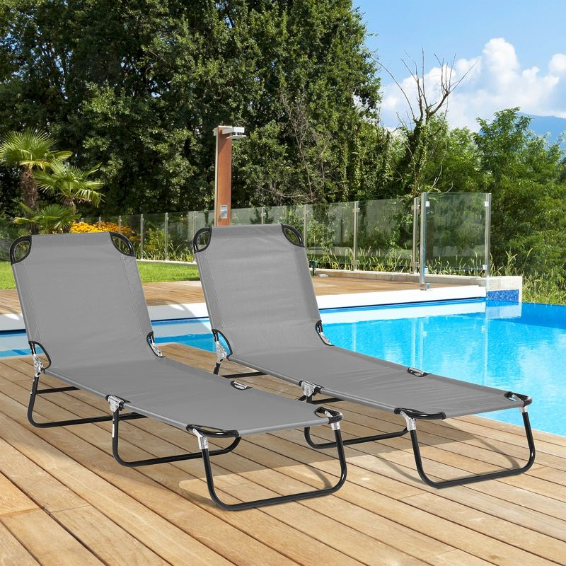 Outsunny Folding Chaise Lounge Pool Chairs, Set of 2 Outdoor Sun Tanning Chairs, Five-Position Reclining Back, Steel Frame & Oxford Fabric, Dark Gray