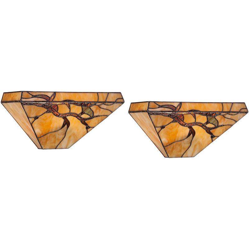 Robert Louis Tiffany Budding Branch Vintage Wall Light Sconces Set of 2 Copper Amber Art Glass Hardwire 14" Fixture for Bedroom Bathroom Vanity House
