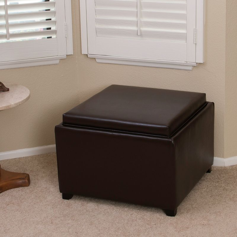 Wellington Leather Tray Top Storage Ottoman Brown - Christopher Knight Home: Footstool, Hardwood Frame
